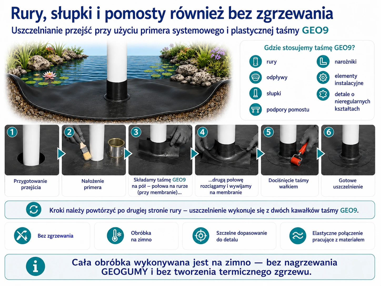 Uszczelnianie rur, słupków i pomostów taśmą GEO9